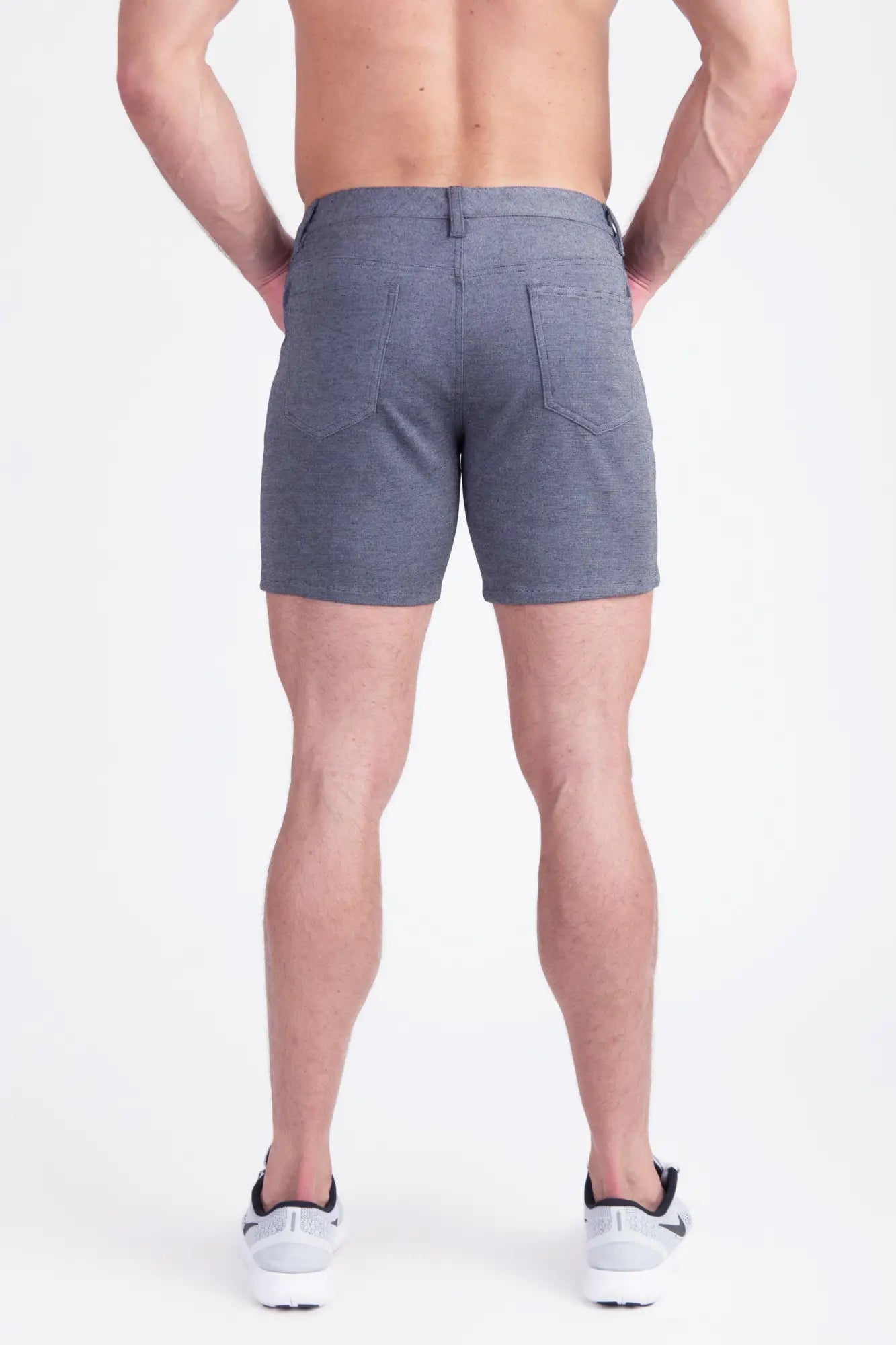 Gray heathered stretch knit cotton shorts with classic five-pocket design and belt loop waistband for casual wear