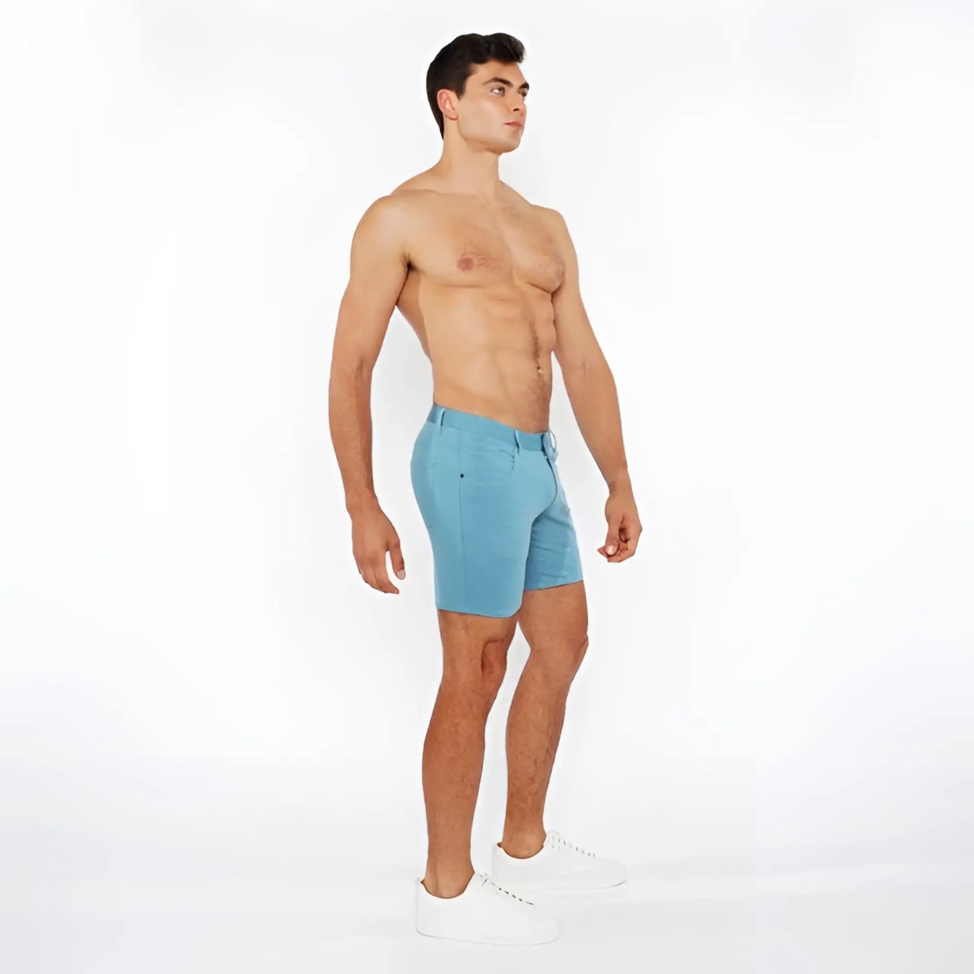 Light blue stretch knit shorts with classic five-pocket design and belt loops for comfortable everyday wear