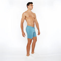 Light blue stretch knit shorts with classic five-pocket design and belt loops for comfortable everyday wear