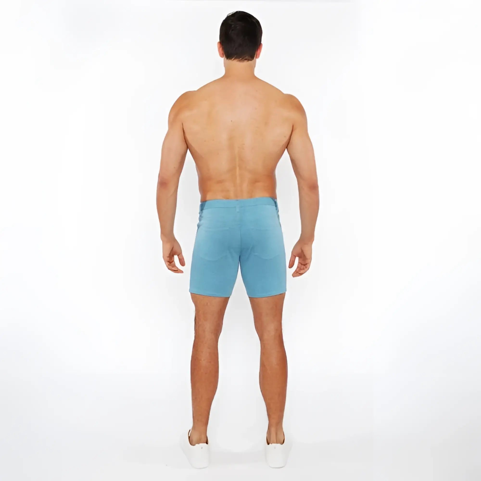 Light blue stretch knit denim shorts with classic fit and visible stitching perfect for casual wear