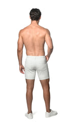 Light gray stretch knit shorts with a modern cut and subtle stitching details for comfortable casual wear