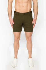 Olive green stretch knit short chino shorts with classic fit and button closure front view