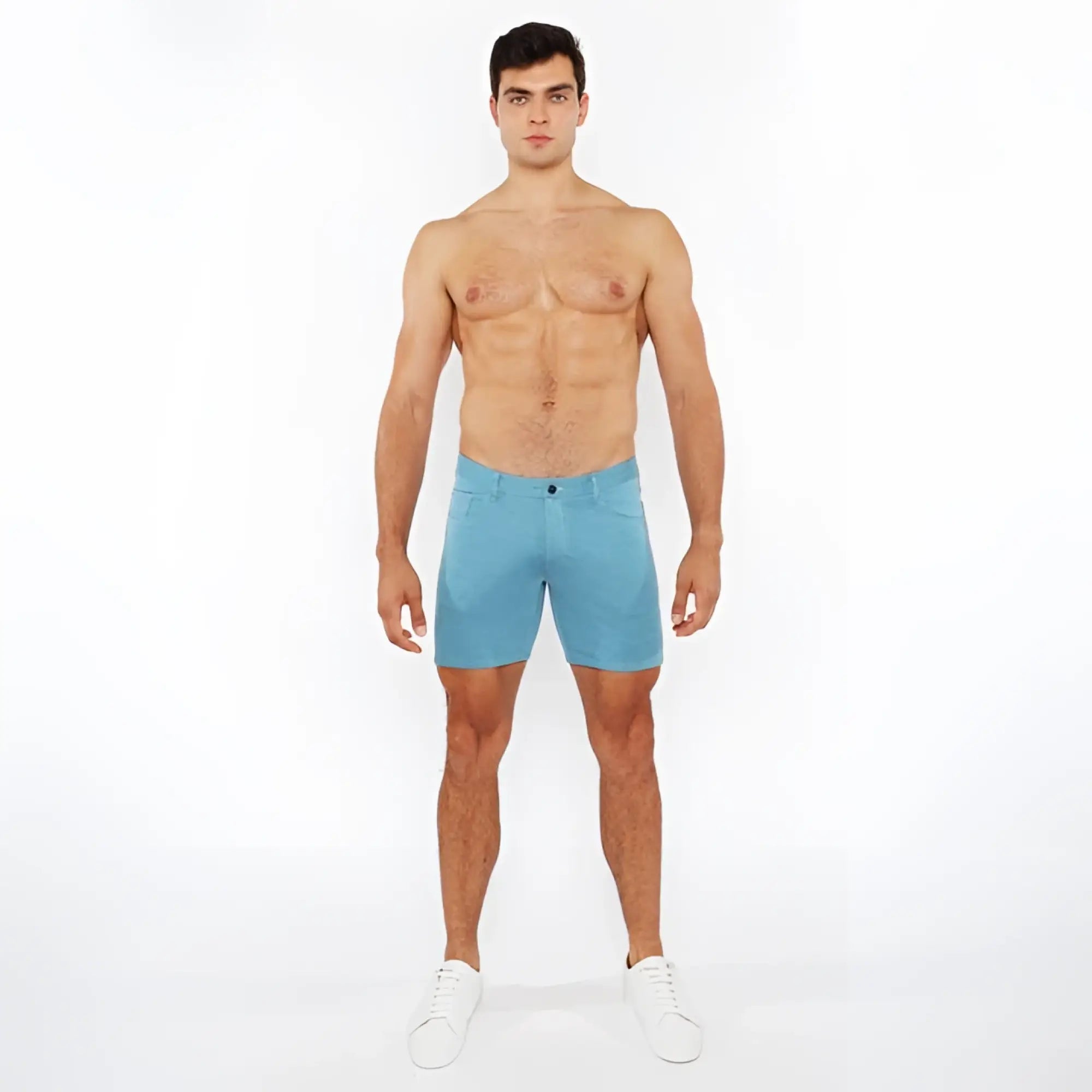 A pair of light blue stretch knit shorts with a form-fitting modern design for active wear