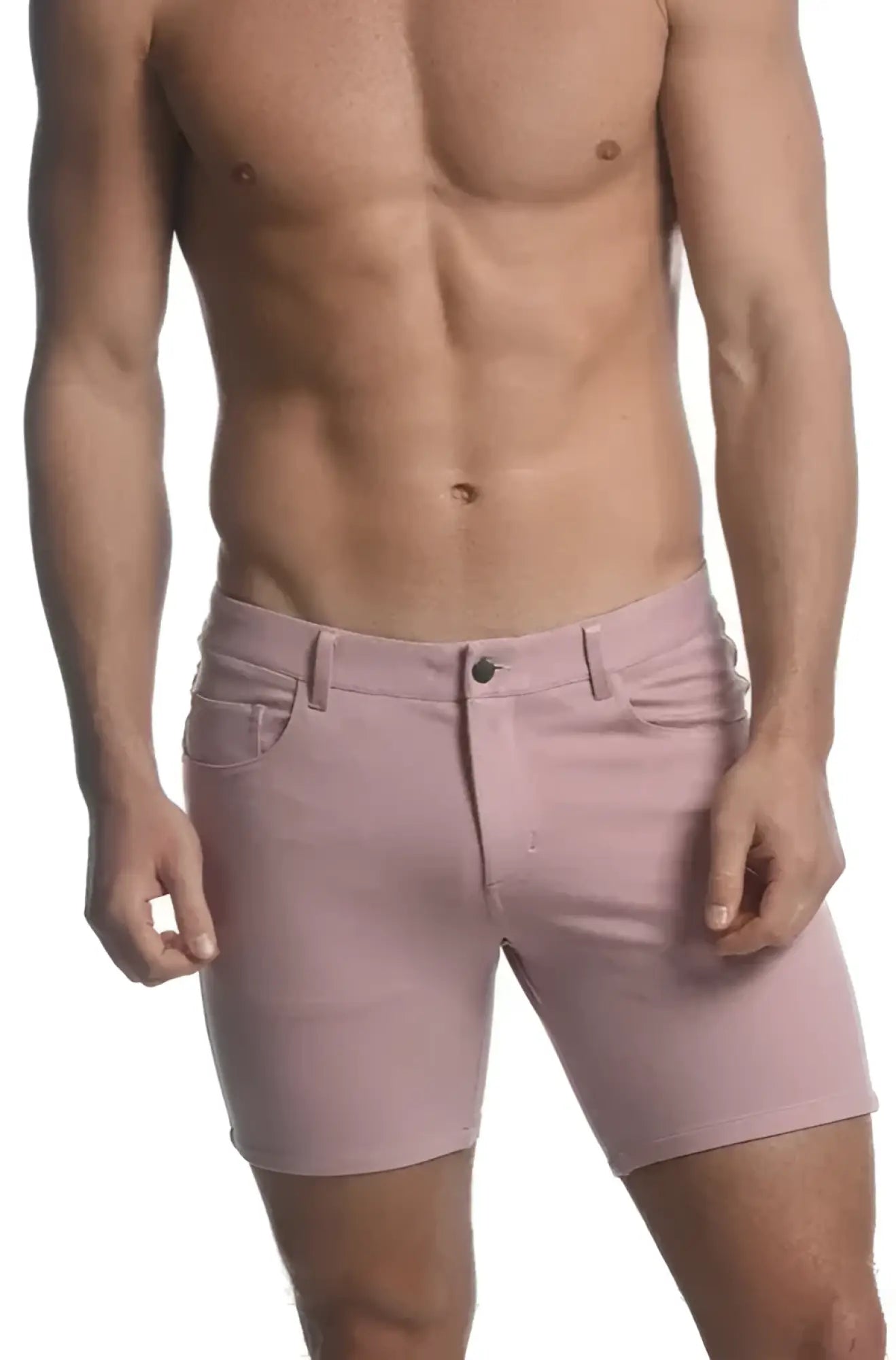 A pair of men’s pink stretch knit shorts with classic five-pocket design and button closure