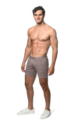 A pair of slim-fit gray stretch knit chino shorts with five-pocket design and belt loops for casual wear