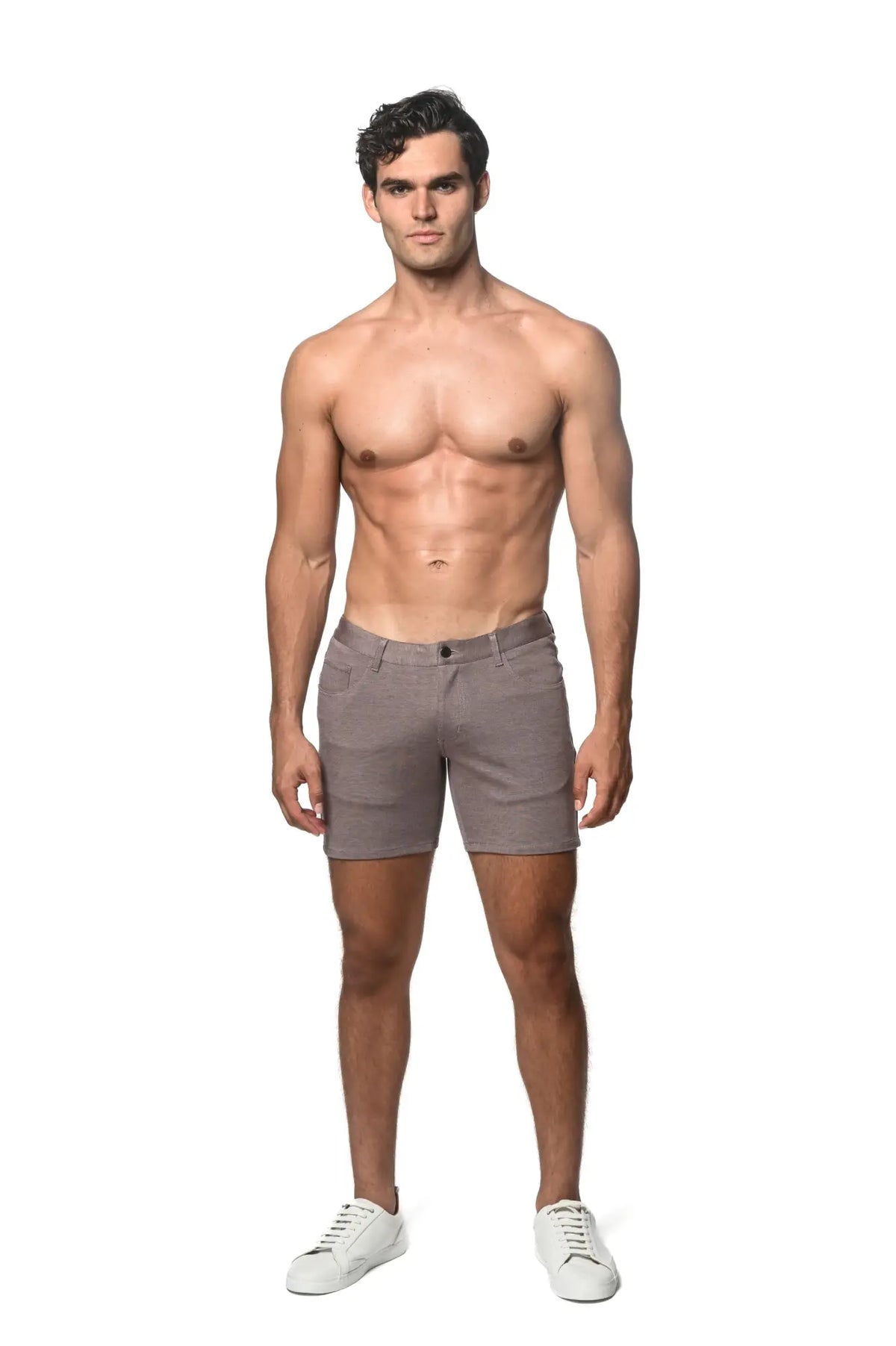 A pair of slim-fit muted gray stretch knit chino shorts with five pockets and belt loops for casual wear