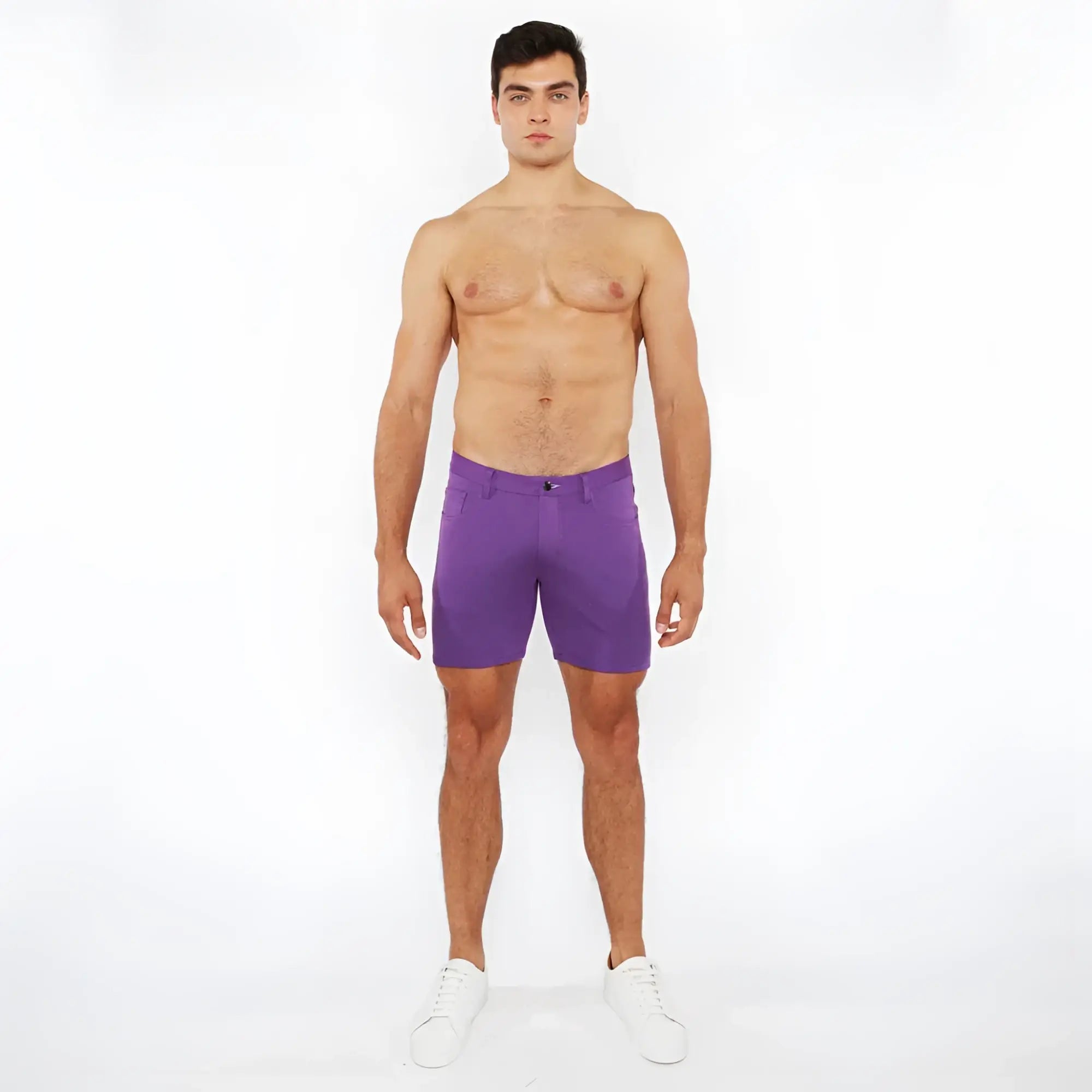 Purple stretch knit short made of breathable fabric designed for men’s comfort and flexibility