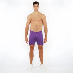 Purple stretch knit short made of breathable fabric designed for men’s comfort and flexibility
