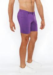 Purple stretch knit shorts for men with tailored fit and classic five-pocket design in soft stretch fabric