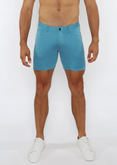 Turquoise stretch knit short in slim fit with textured fabric classic five-pocket design and black button closure