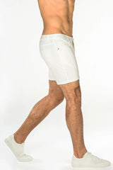 White stretch knit short athletic shorts with sleek modern design and subtle stitching details