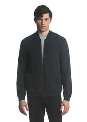 Black stretch knit zip-up hoodie with smooth textured fabric and ribbed cuffs in a bomber jacket style