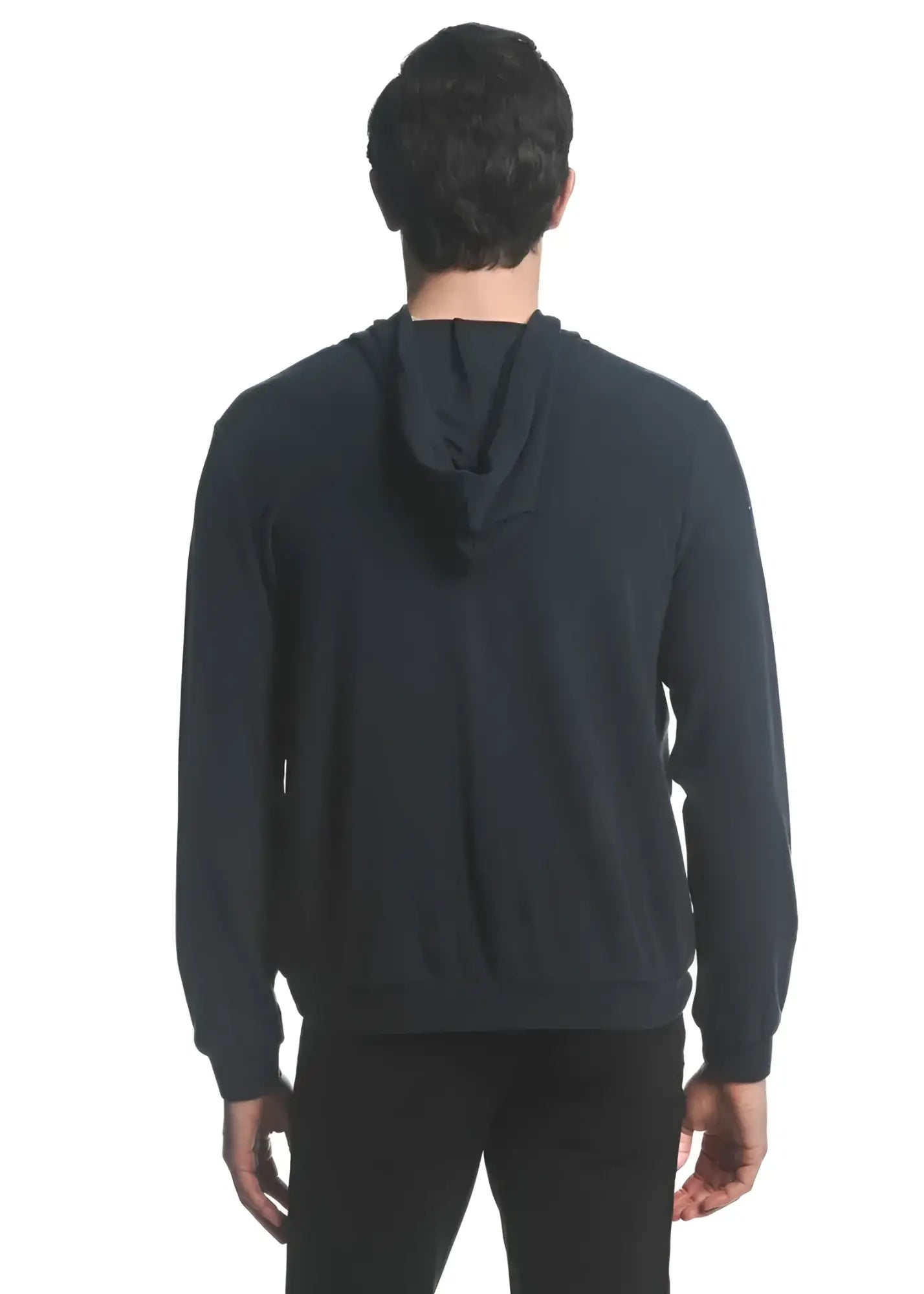 Black stretch knit zip-up hoodie with soft smooth fabric and subtle ribbed cuffs designed for comfort and style