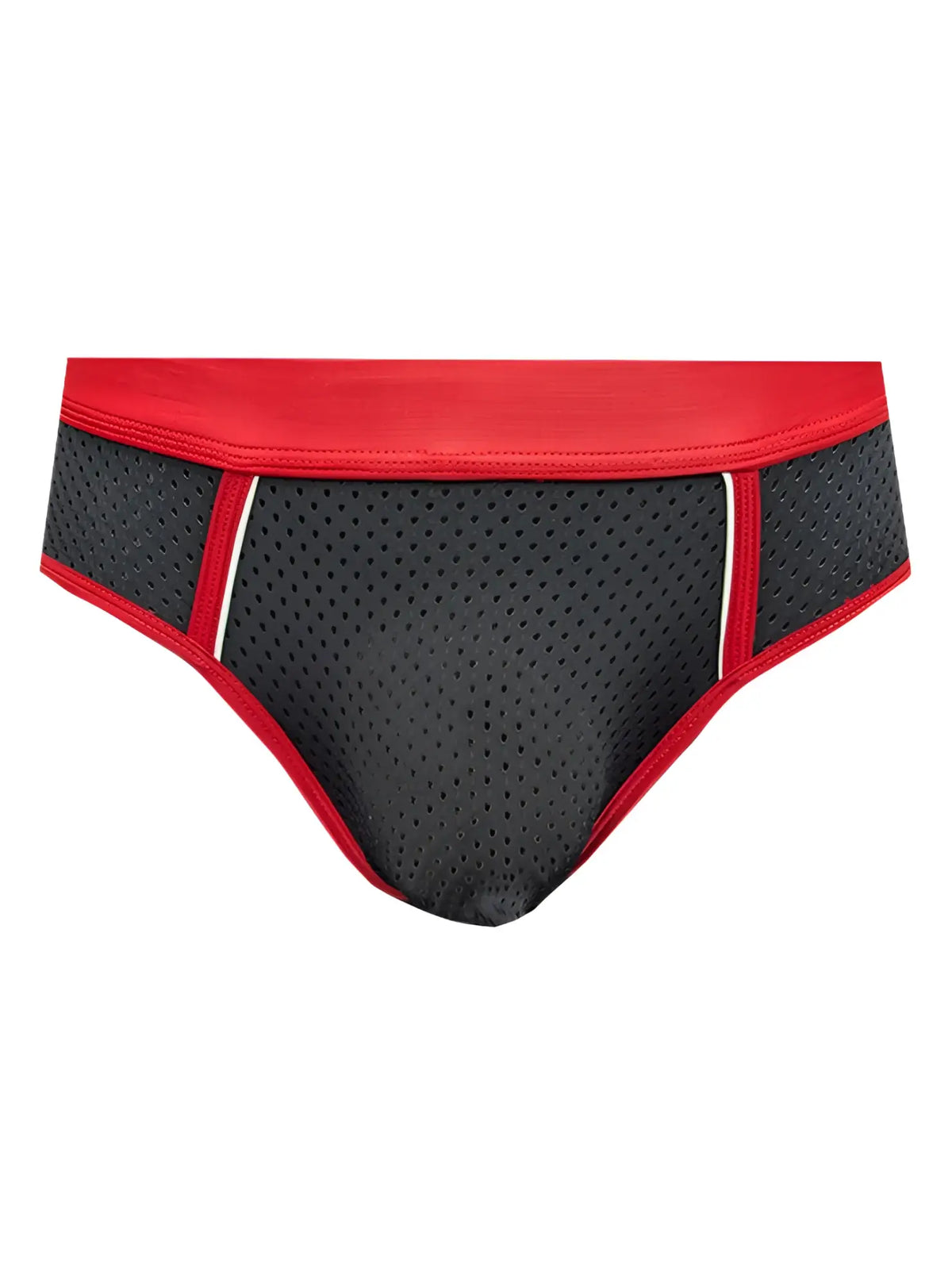 Black stretch mesh briefs with red trim and white piping showcasing breathable lightweight material