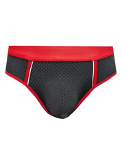 Black stretch mesh briefs with red trim and white piping showcasing breathable lightweight material