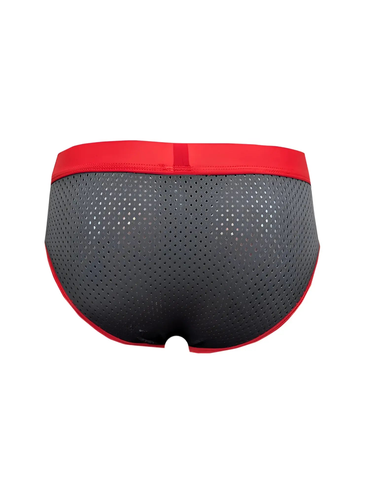 Black stretch mesh briefs with red waistband and trim featuring breathable mesh material