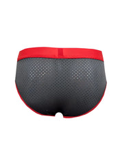 Black stretch mesh briefs with red waistband and trim featuring breathable mesh material