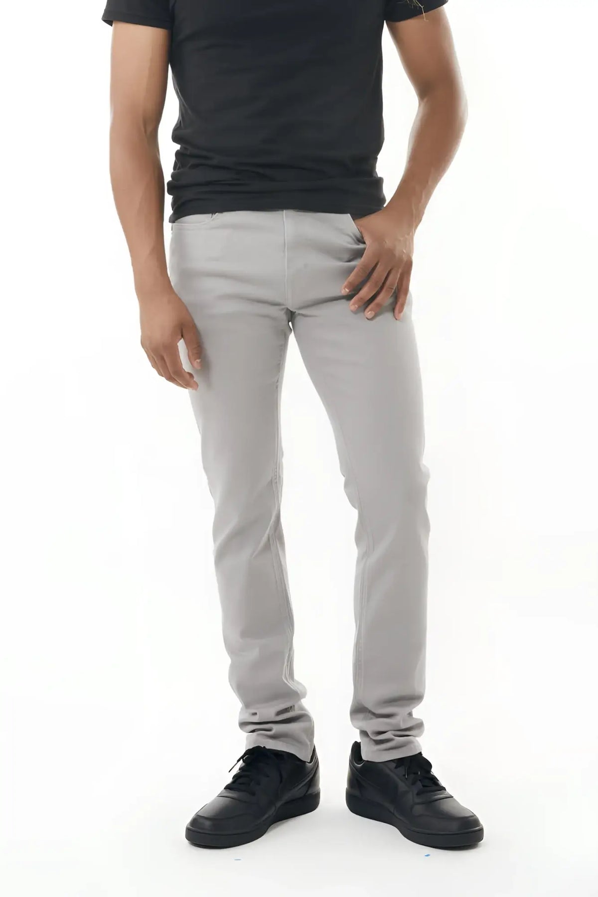 Gray stretch twill pant in slim fit with clean modern cut and subtle stitching details made from stretch twill material