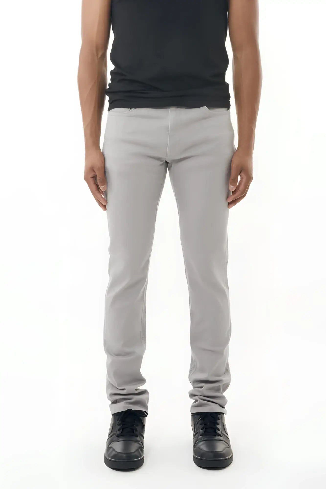 Gray stretch twill pant slim-fit jeans with a clean modern cut and subtle stitching details