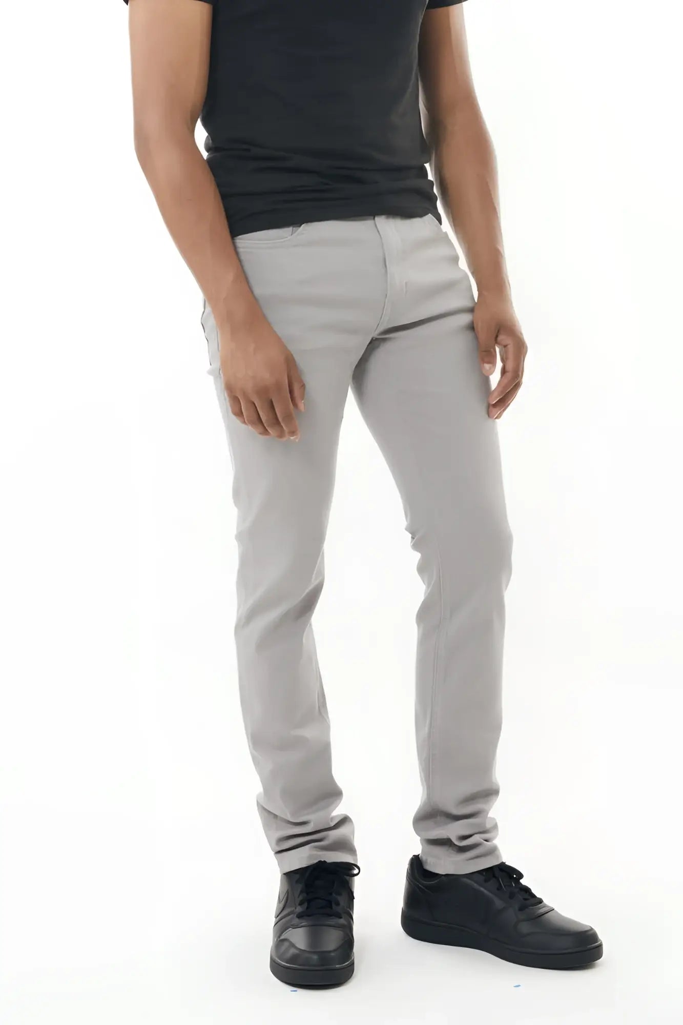 Gray slim-fit stretch twill pant with clean modern cut and subtle stitching details