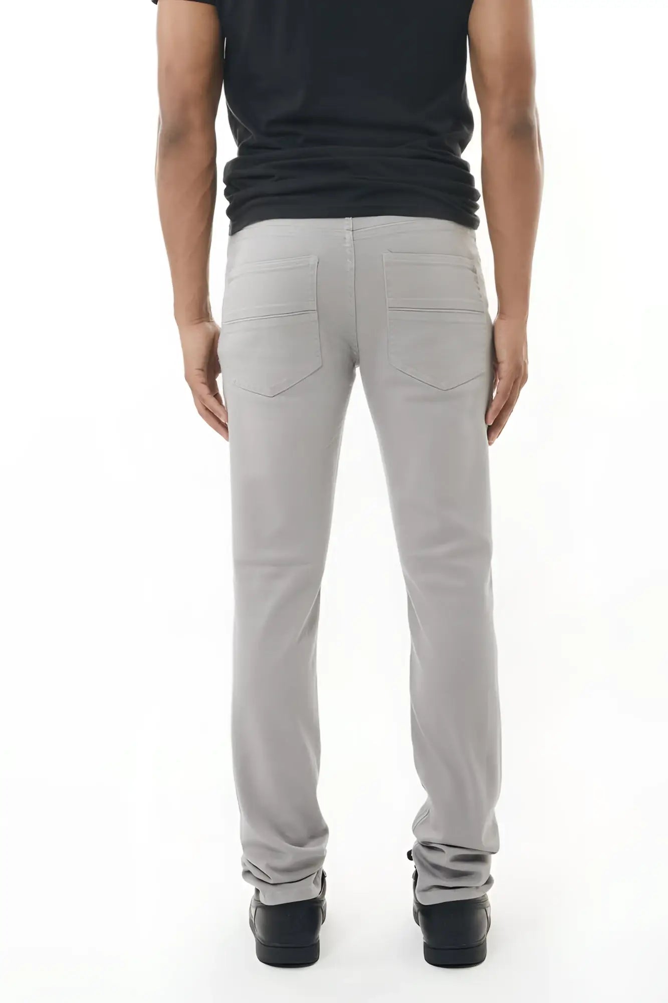 Light gray stretch twill pant in slim-fit denim with a modern cut and subtle stitching details