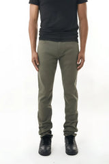 Olive green slim-fit stretch twill pant made of durable cotton with five-pocket design and subtle stitching details
