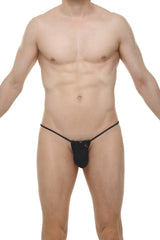 Black g-string cocksak joe with thin elastic straps and a small red logo on the front