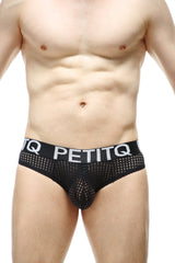 Black mesh men’s thong underwear with bold petitq logo band featuring mega bulge design in durtol color