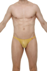Yellow shiny form-fitting thong plellis joe gold with a small red logo on the side shown from the back side