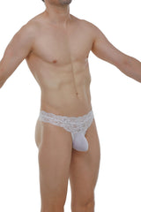 White lace-trimmed men’s thong with solid fabric pouch in thong plessis lace white for stylish comfort
