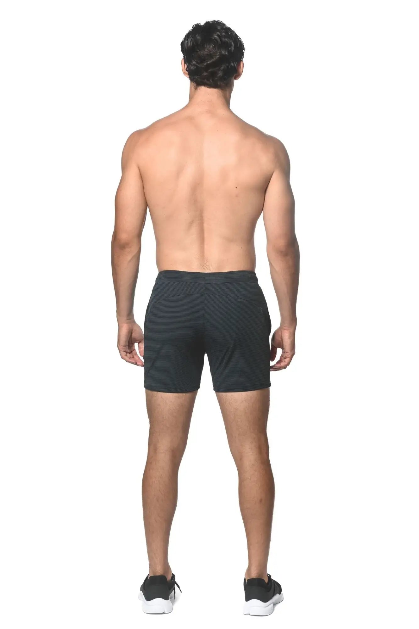 Black stripe stretch performance athletic shorts with subtle textured pattern designed for active wear