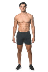 Black stripe stretch performance shorts with a subtle textured pattern and elastic waistband for athletic use