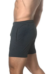 Dark gray stripe stretch performance shorts with subtle horizontal stripes and a sleek modern design