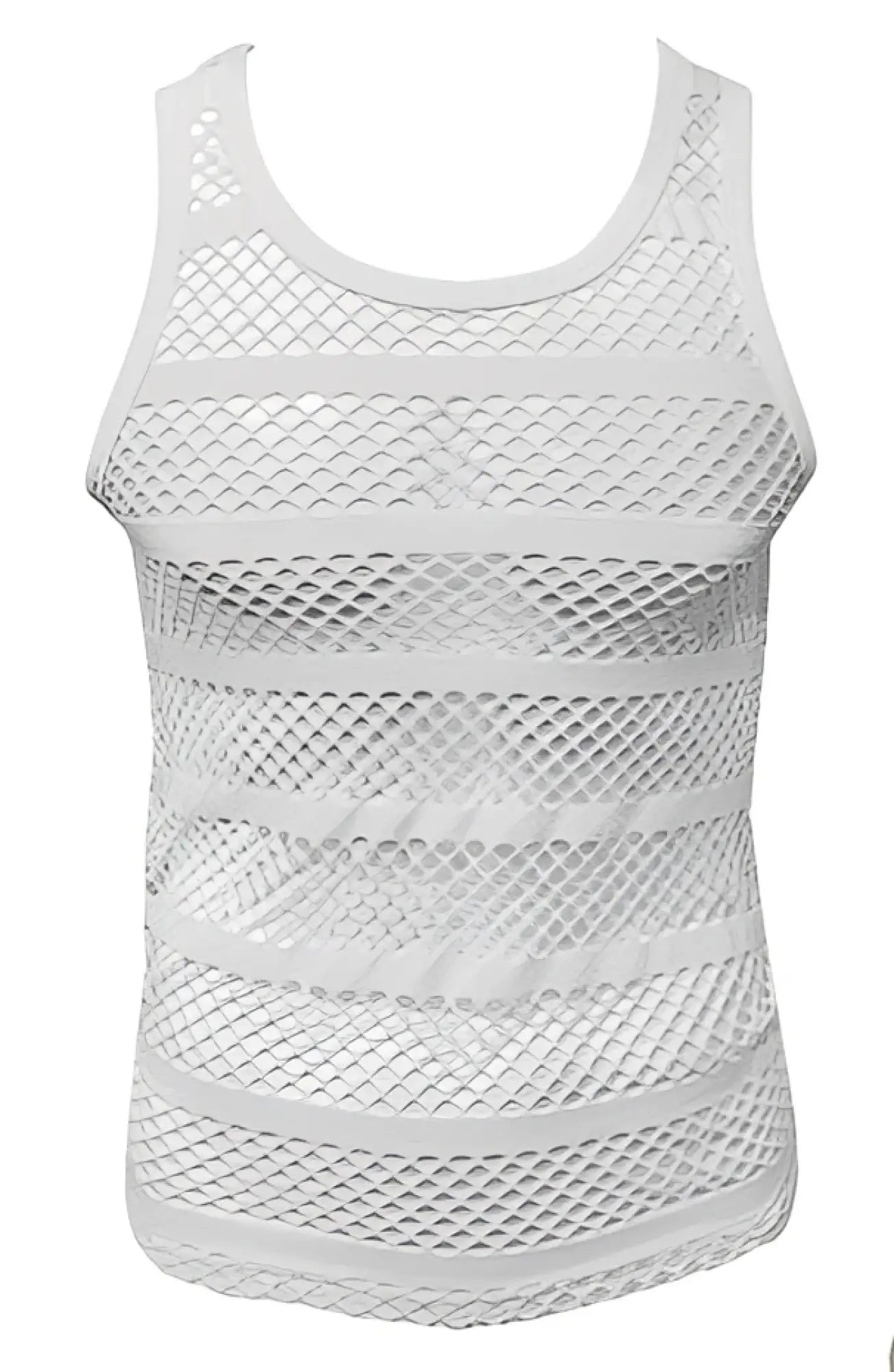 White striped fishnet tank top with horizontal ribbed mesh bands showing front side design details
