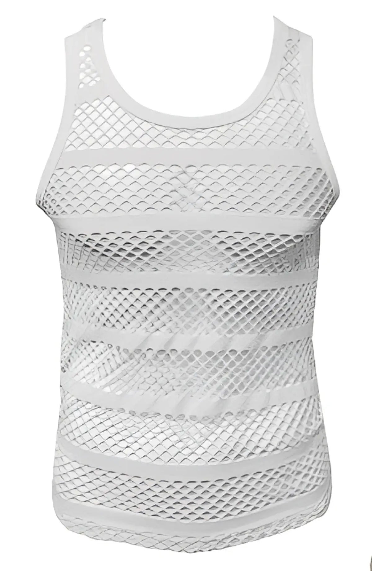 White striped fishnet tank top with horizontal ribbed mesh bands showing front side design details