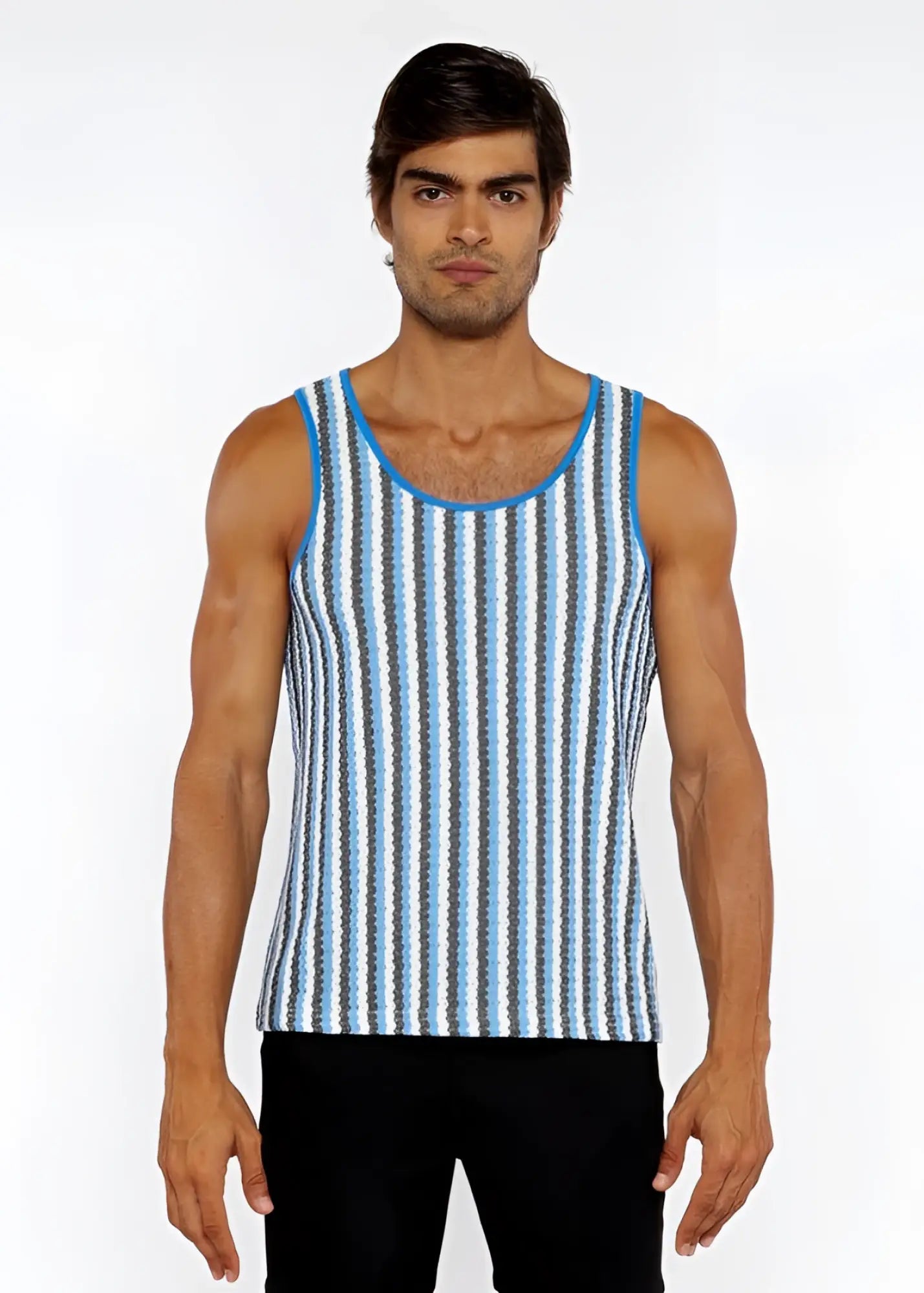 Blue and white striped knit tank top with ribbed neckline in open knit design for casual summer wear