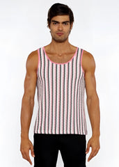 A man wearing a pink and gray striped open knit tank top with matching pink trim around the neckline