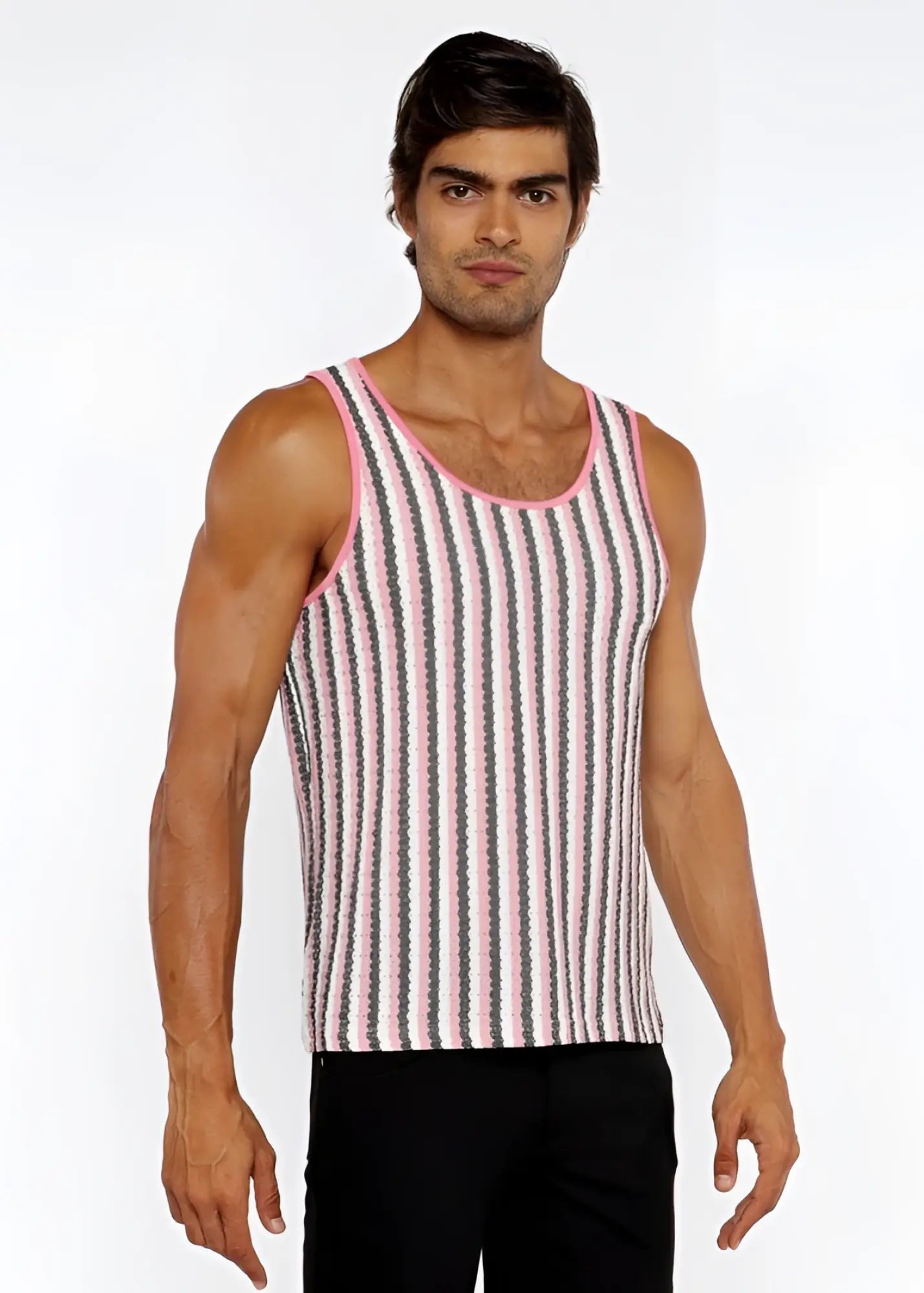 A man wearing a pink and gray striped open knit tank top with rounded neckline and lightweight fabric