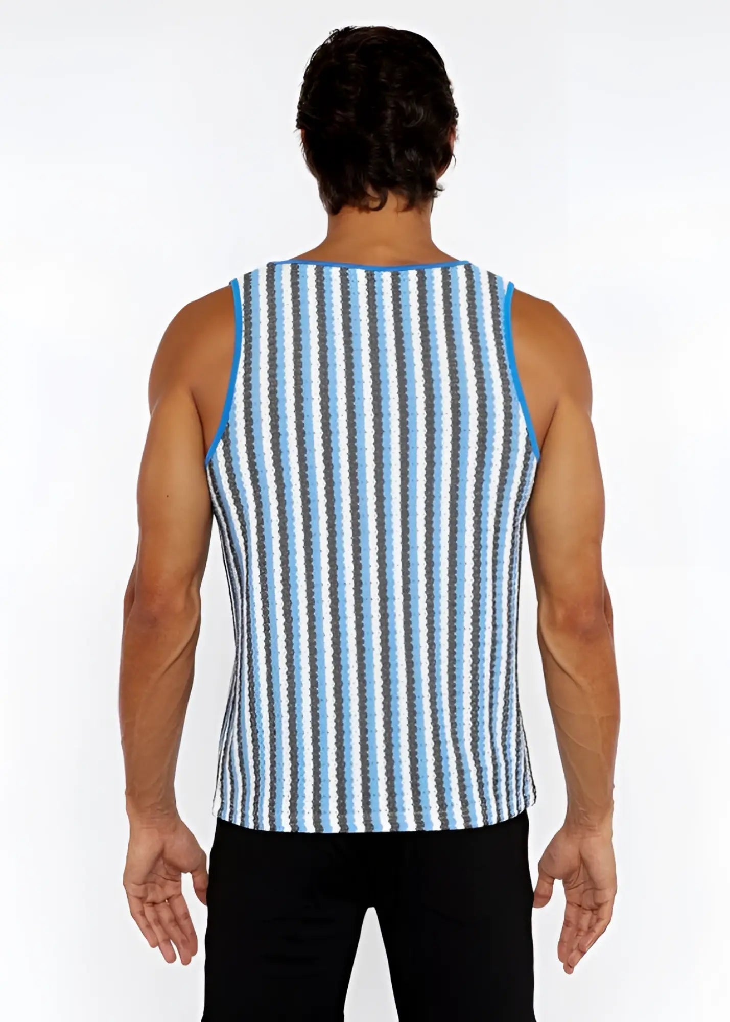 A men’s sleeveless stripes open knit tank top with light blue dark gray white vertical stripes and bright blue trim