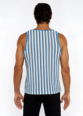 A men’s sleeveless stripes open knit tank top with light blue dark gray white vertical stripes and bright blue trim