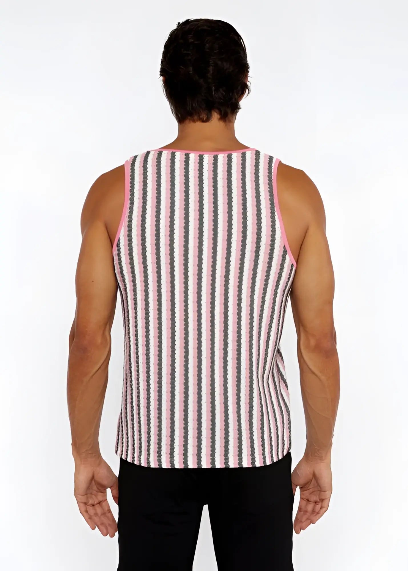 A pink and gray striped knit tank top with ribbed texture from the stripes open knit tank collection