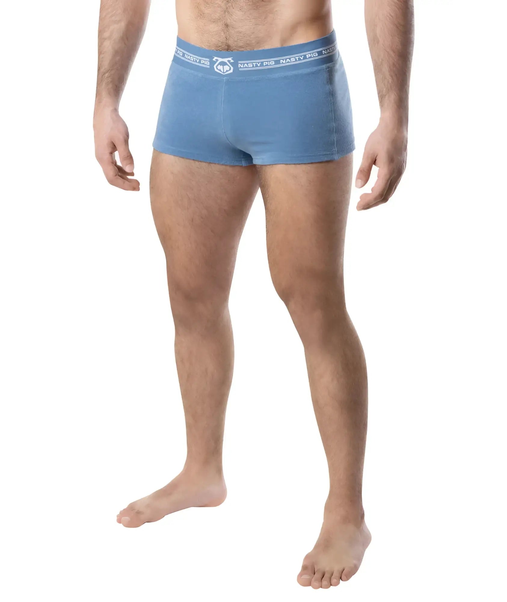 Blue nasty pig boxer briefs with white branding on the waistband from the Suite Trunk Short collection