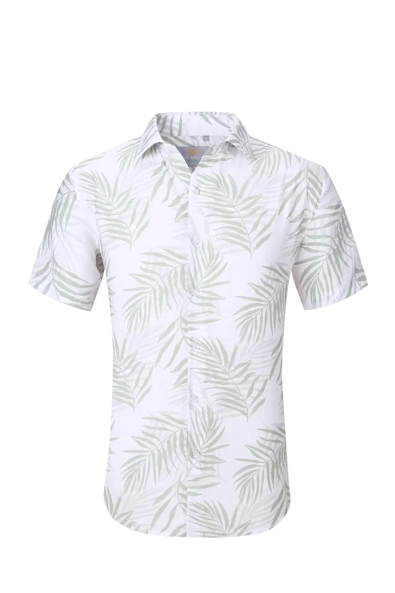 White short-sleeved button-up summer rain s/s shirt with light green palm leaf pattern perfect for warm weather