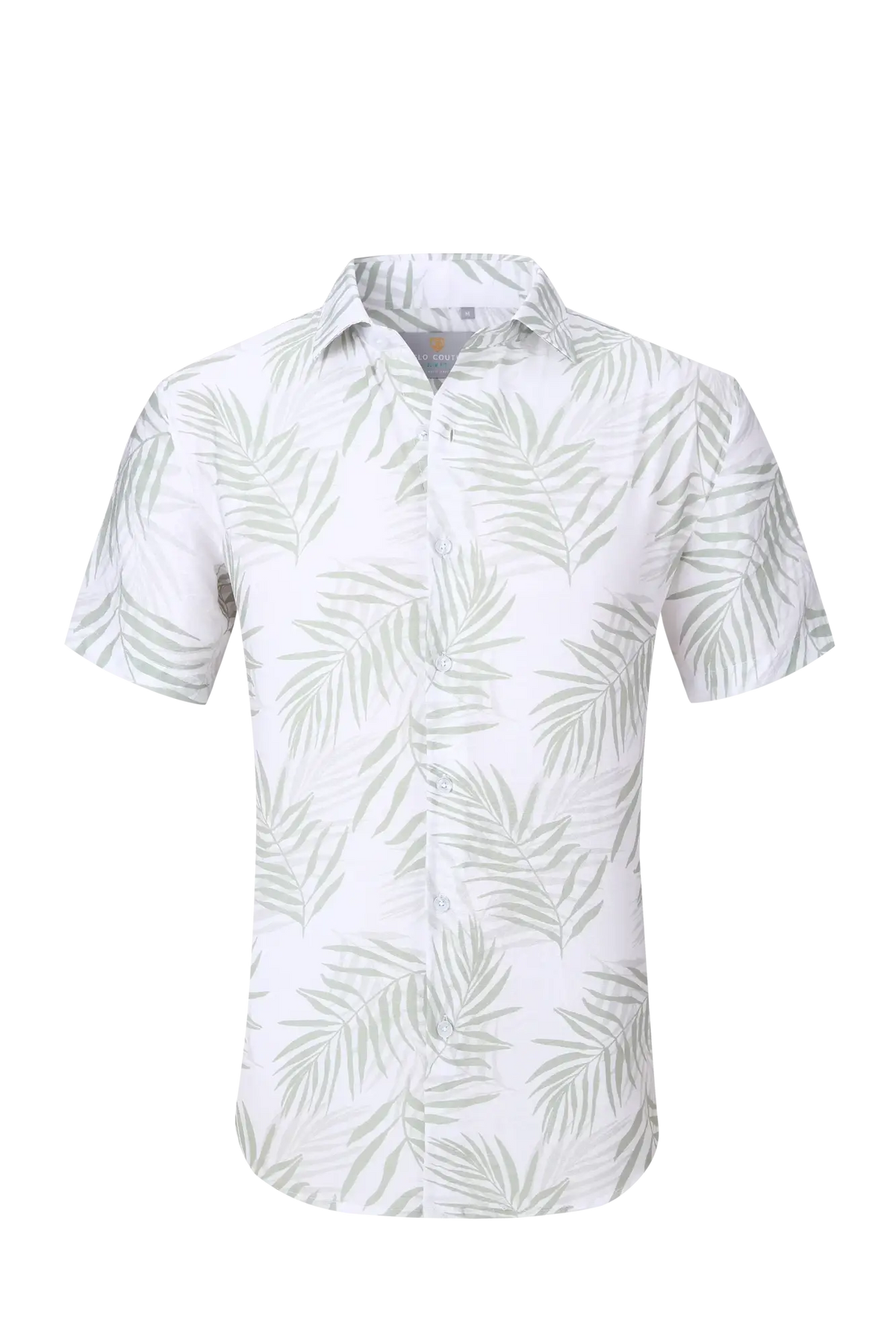 White short-sleeved button-up summer rain s/s shirt with light green palm leaf pattern perfect for warm weather