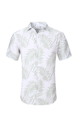 White short-sleeved button-up summer rain s/s shirt with light green palm leaf pattern perfect for warm weather
