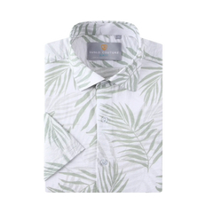 Summer rain s s shirt white short-sleeved button-up with subtle green palm leaf pattern and crisp collar