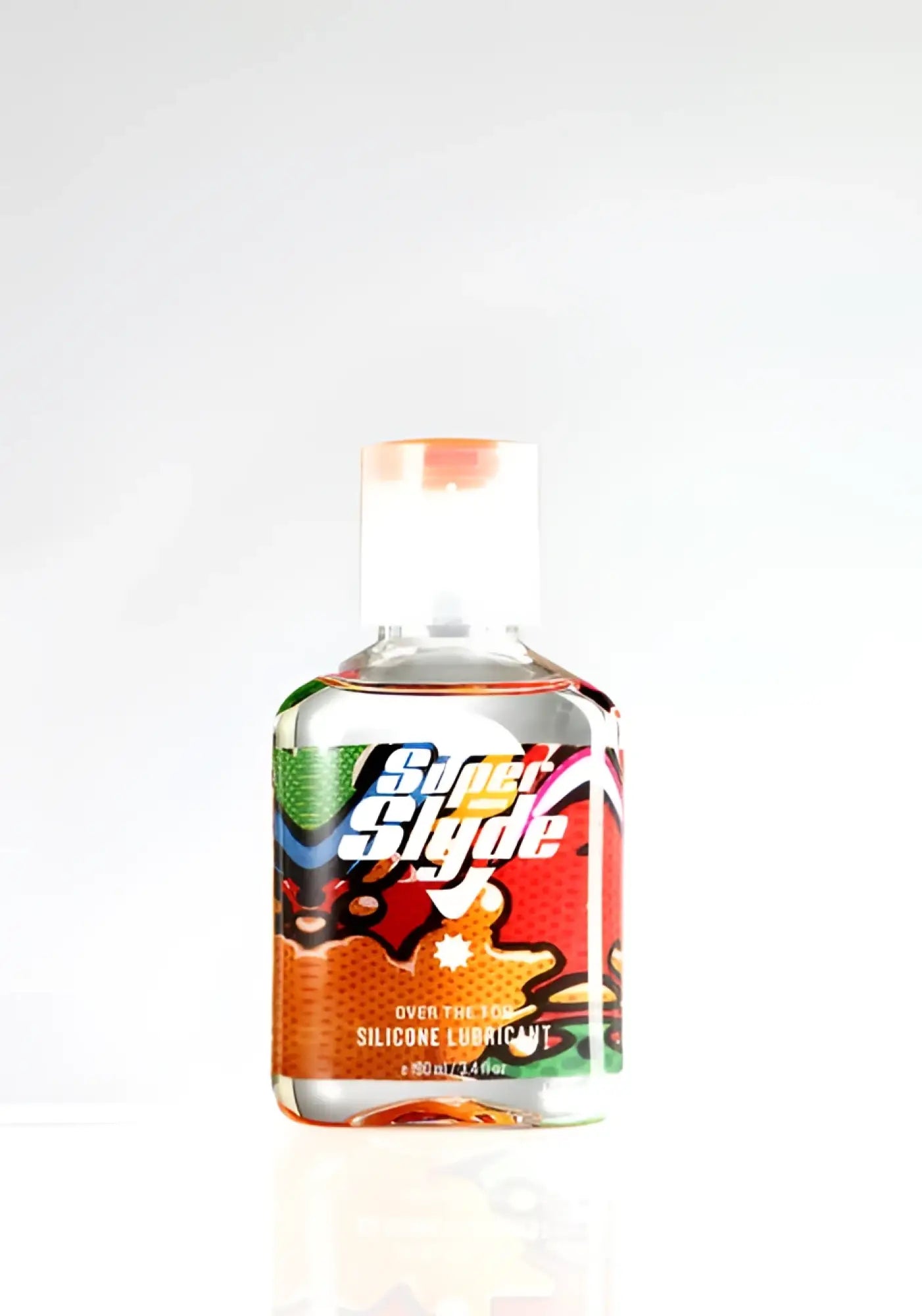 A clear plastic bottle of superslyde lube super slick silicone lubricant with a colorful cartoon-style label