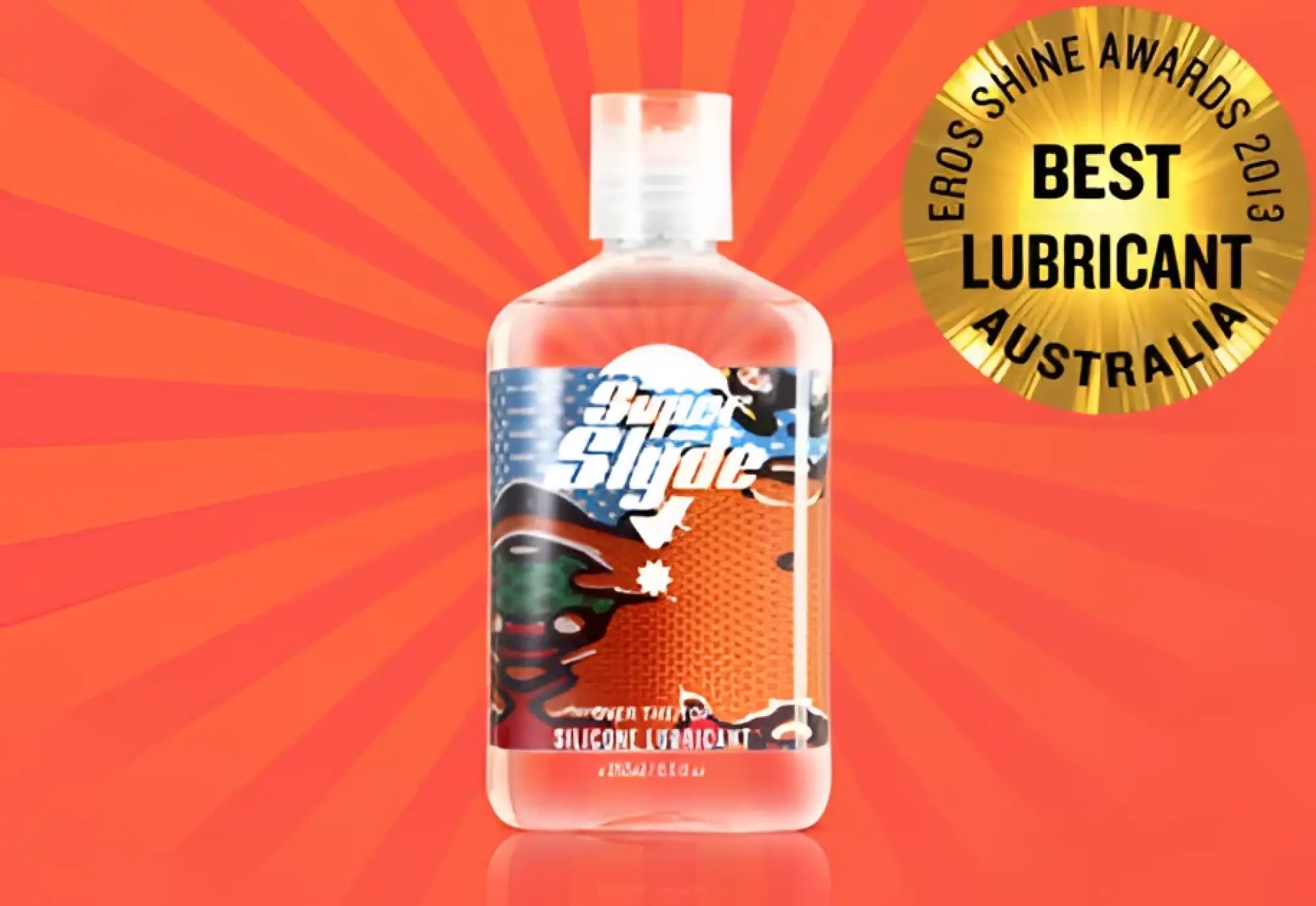 Clear plastic bottle of superslyde silicone lubricant with white cap and colorful cartoon label