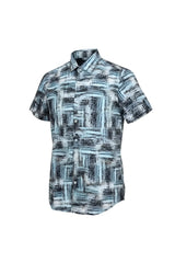 Mens short-sleeved suslo crinkled fabric shirt with modern abstract black white and light blue pattern