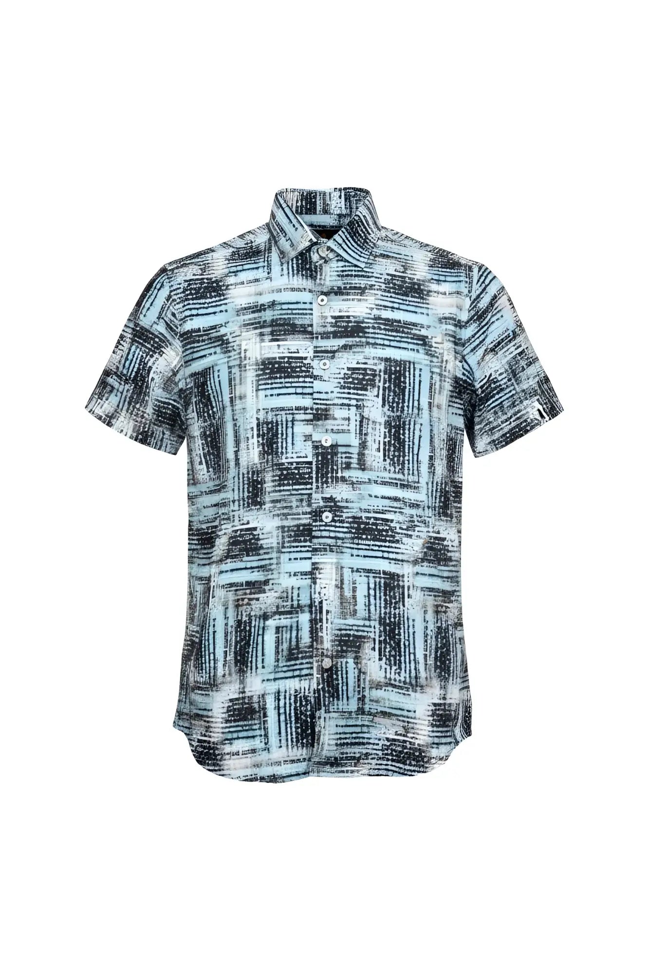 Suslo crinkled fabric short-sleeved shirt with teal and black abstract geometric pattern in lightweight fabric